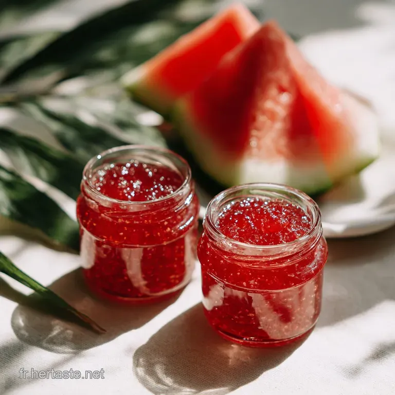 Bright, ruby-red watermelon jam spooned onto toasted bread. A tempting side with fresh fruit in the background.
