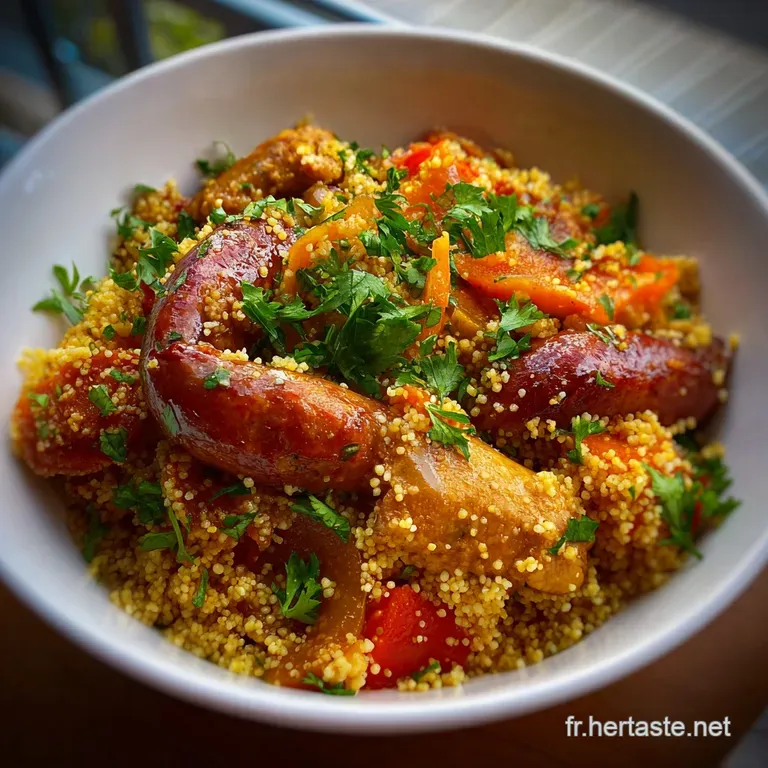 Plated couscous: golden grains piled high, topped with sliced sausage and colorful veggies, steam gently rising.