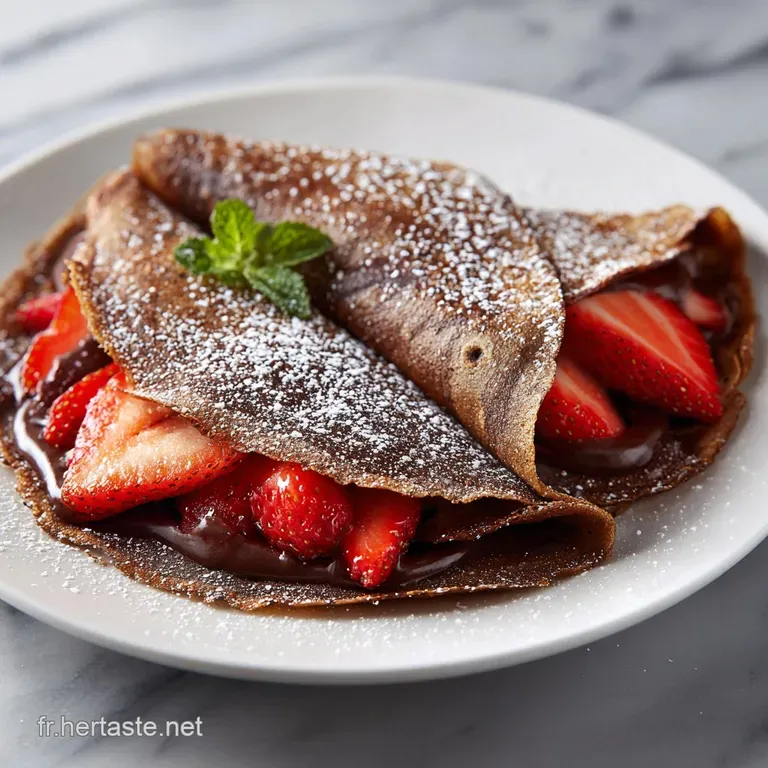 A beautifully plated cr&ecirc;pe filled with strawberries and chocolate, dusted with sugar, beside a dollop of whipped cream.