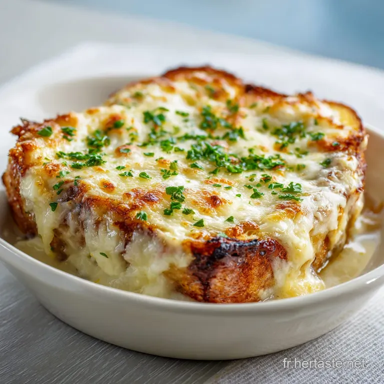 Elegant slice of golden gratin&eacute;e topped with melted cheese and a hint of herbs on a white plate.