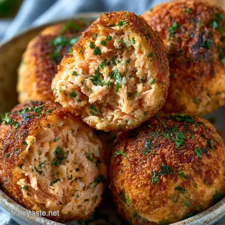Trois croquettes beiges dispos&eacute;es sur un lit de salade verte avec une sauce blanche onctueuse et un zeste de citron.