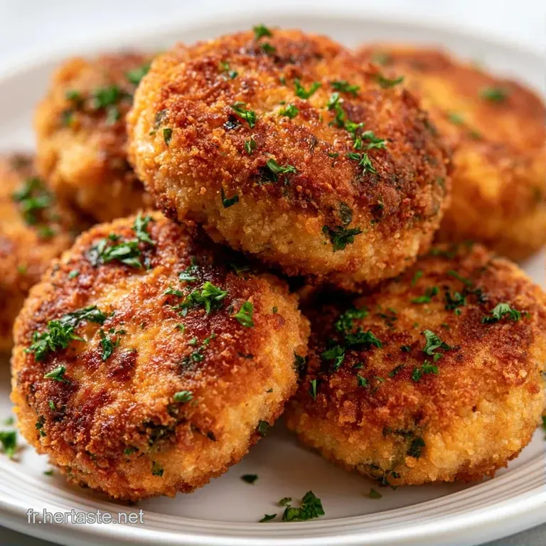 Trois beignets ambr&eacute;s empil&eacute;s avec &eacute;l&eacute;gance, d&eacute;pos&eacute;s sur un lit de cr&egrave;me onctueuse et parsem&eacute;s d'herbes fra&icirc;ches.