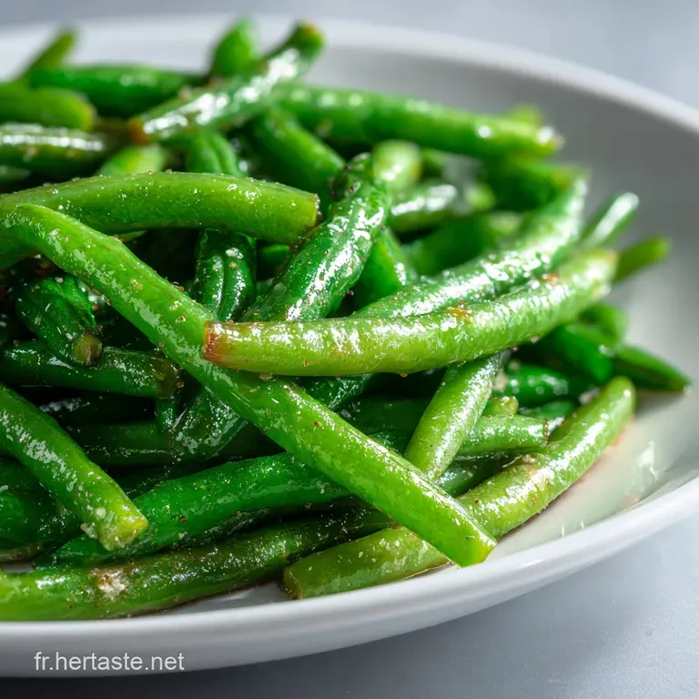 Emerald green beans artfully arranged on a white plate, topped with slivered almonds and a sprinkle of flaky sea salt.