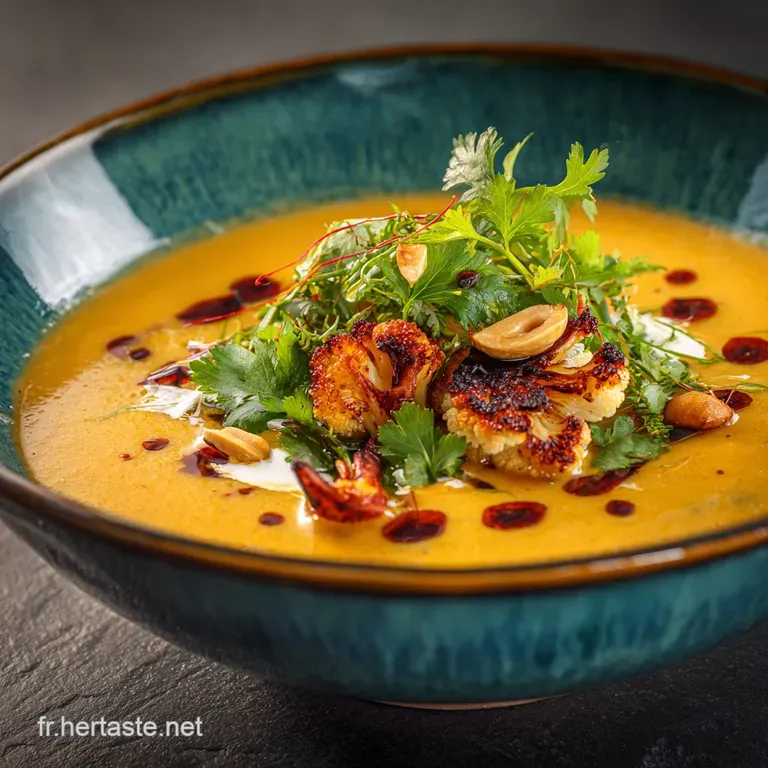 Le Curry Velout&eacute; De Choufleur R&ocirc;ti Cr&egrave;me De Coco Et Cacahu&egrave;te presentation