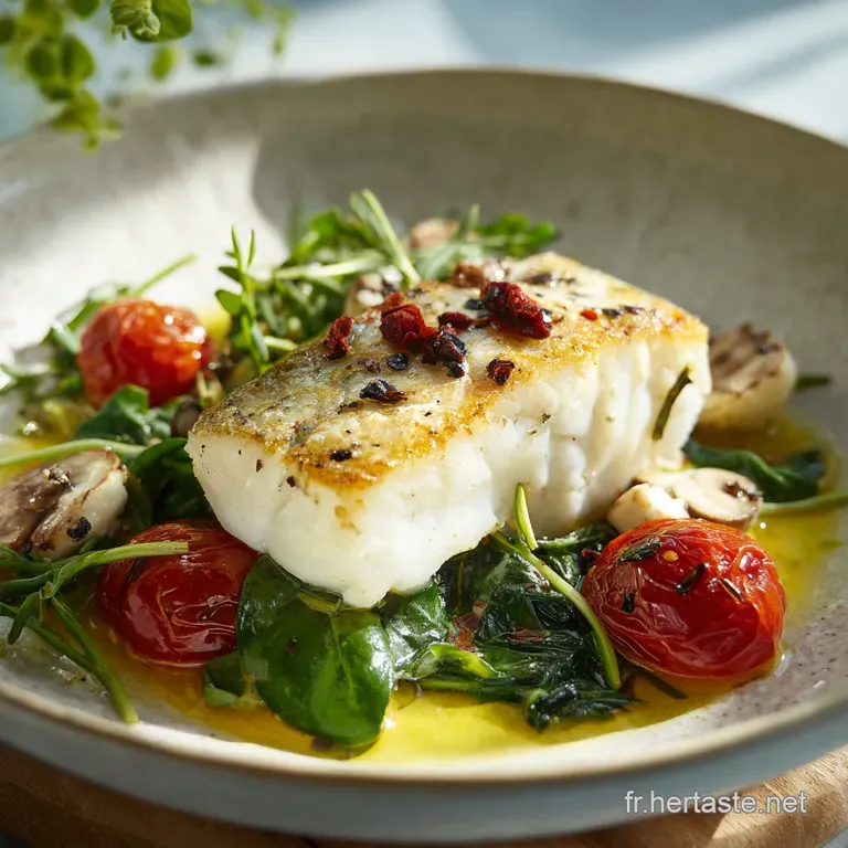 A perfectly cooked cod portion, glistening under lemon slices, rests atop vibrant green asparagus.