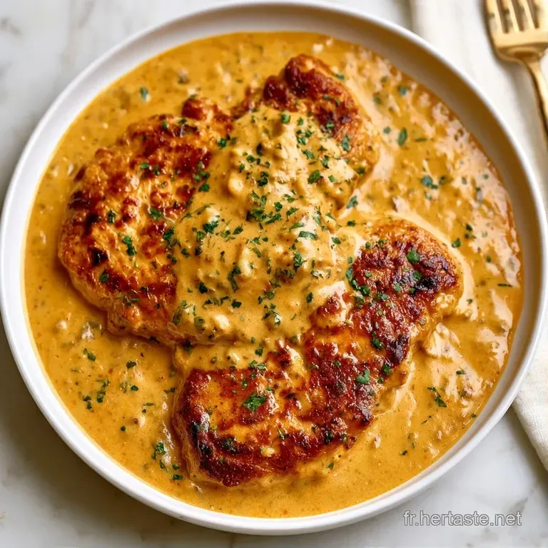 Assiette blanche minimaliste avec des tranches de poulet tendres entour&eacute;es d'une sauce jaune cr&eacute;meuse et tr&egrave;s brillante.