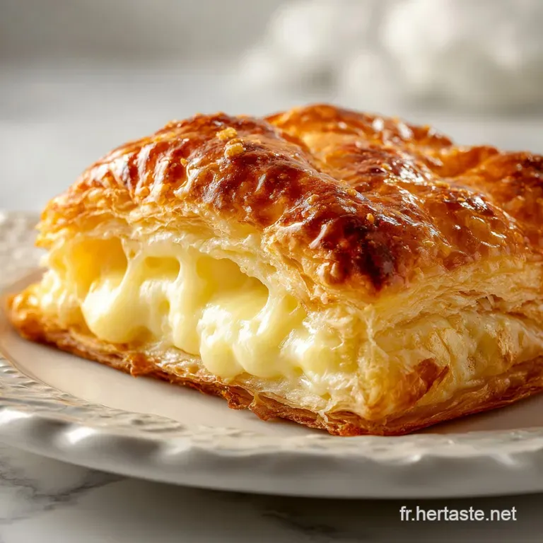 A single, artfully arranged cheese pastry showcases golden layers and a tempting cheesy interior, served on a white plate.