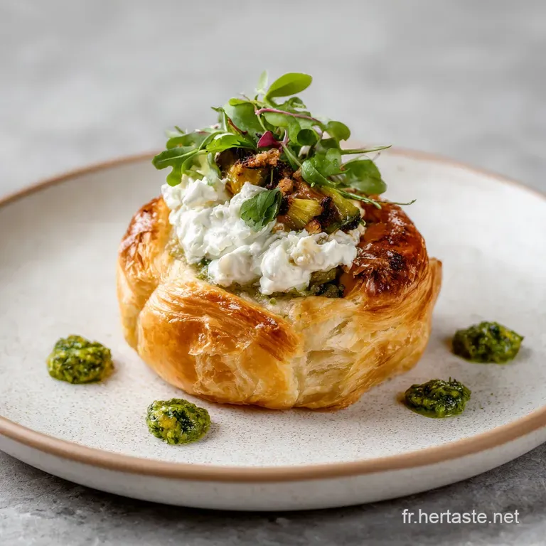 A delicate puff pastry square topped with melting burrata and bright green zucchini, artfully arranged.