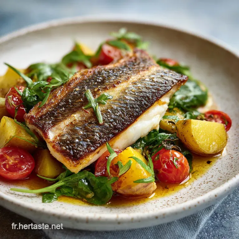 Delicate white fish with browned edges, artfully arranged with vibrant greens and a bright yellow lemon wedge on a sleek p...