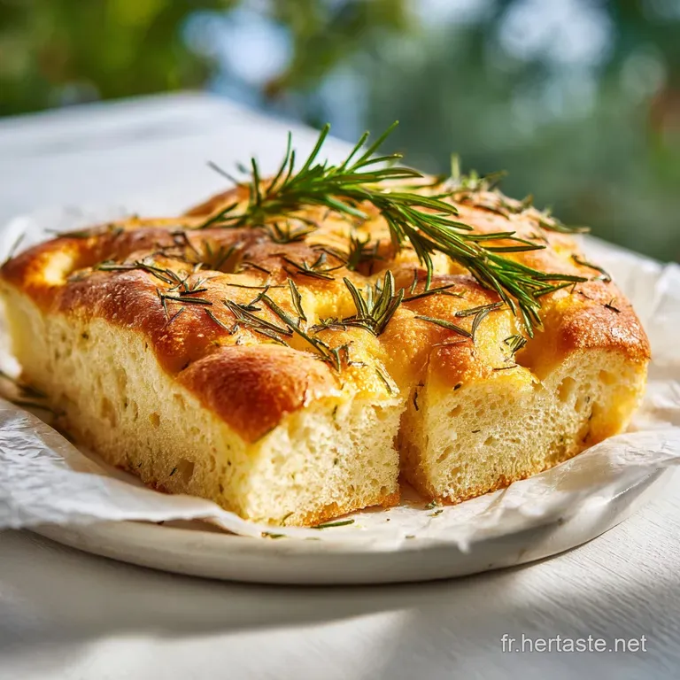 Slices of airy focaccia, rosemary sprigs, drizzled olive oil, rustic setting. Inviting, golden hues, ready to eat.