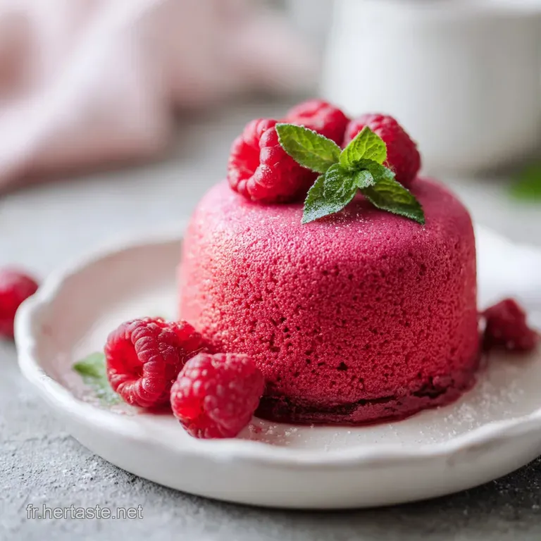 An elegant slice of soft pink cake reveals a creamy ricotta filling, adorned with vibrant raspberries and mint.