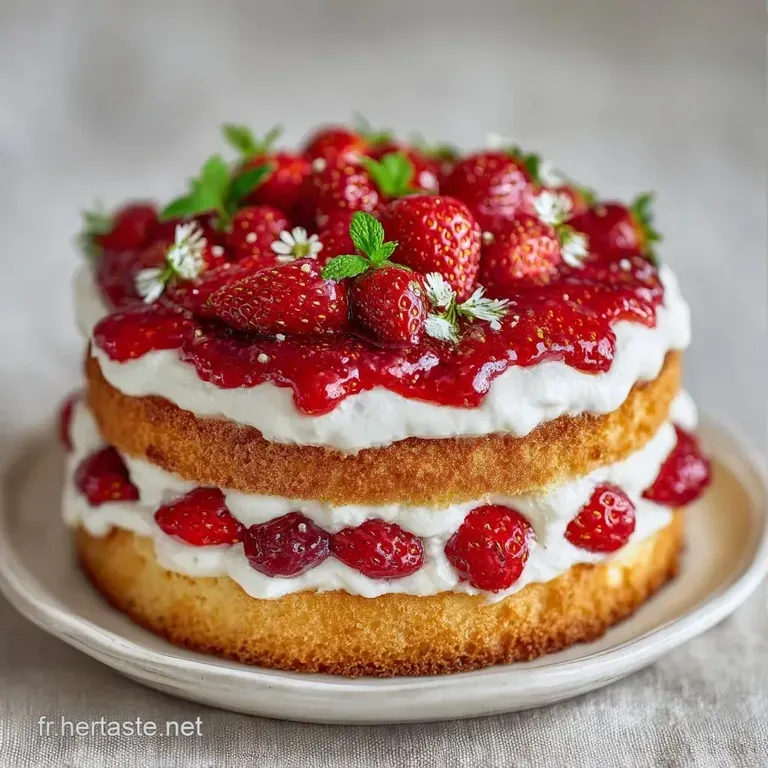 Part de g&acirc;teau onctueuse sur assiette, r&eacute;v&eacute;lant des couches de cr&egrave;me blanche et de fruits rouges juteux et frais.