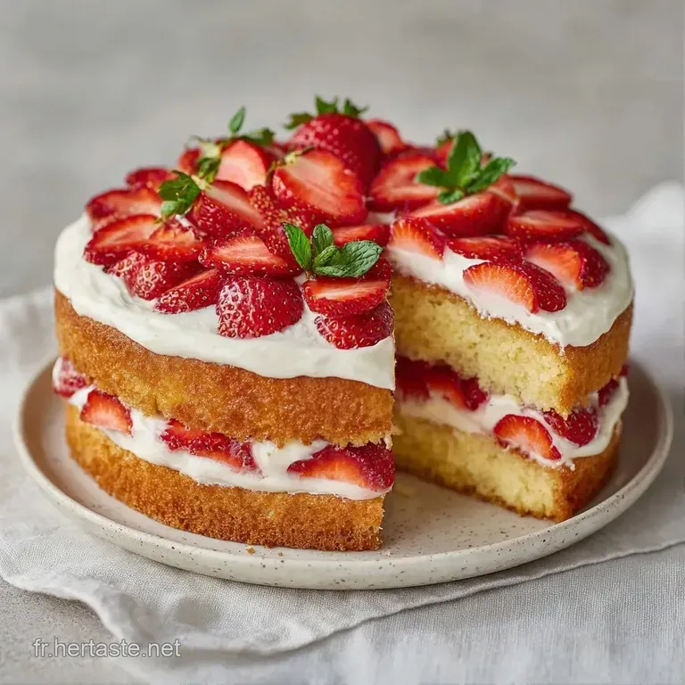 Part de g&acirc;teau &agrave; &eacute;tages aux fraises juteuses et cr&egrave;me onctueuse, dress&eacute;e avec soin sur une assiette blanche pure.