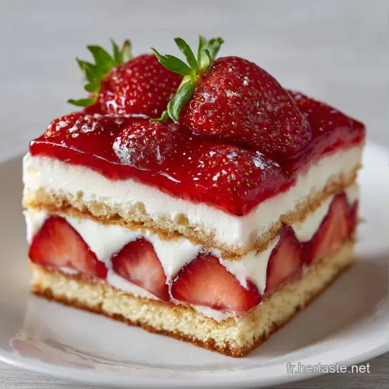 Tranche triangulaire montrant des strates de biscuit dor&eacute;, de cr&egrave;me dense et de fruits rouges sur une assiette blanche.