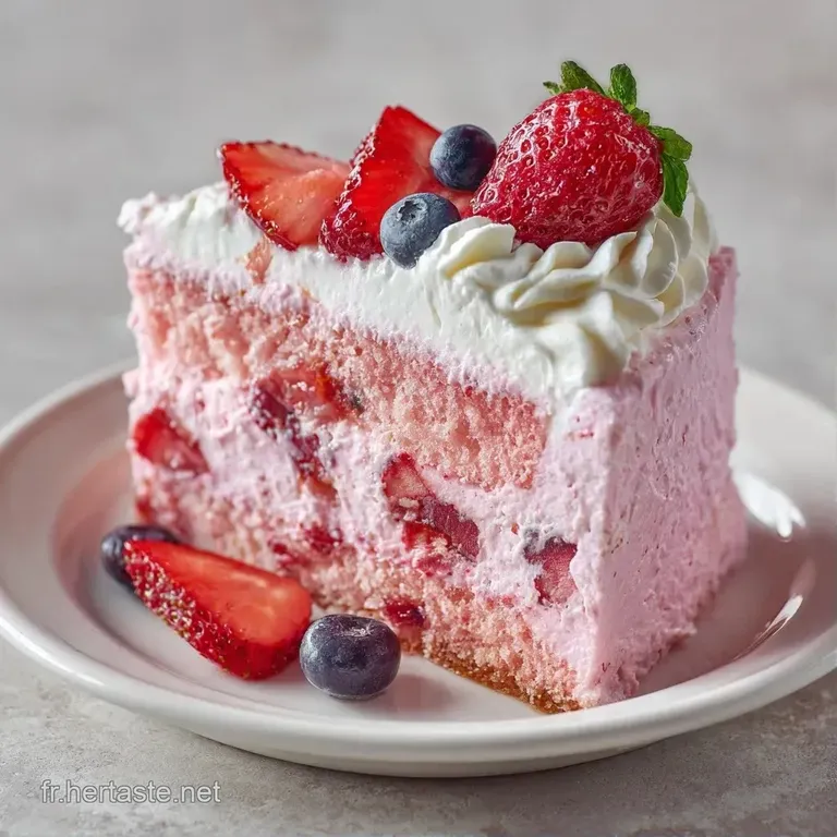Une part triangulaire r&eacute;v&eacute;lant des couches de g&eacute;noise dor&eacute;e et de cr&egrave;me velout&eacute;e, entour&eacute;e de fraises fra&icirc;ches et rouges.