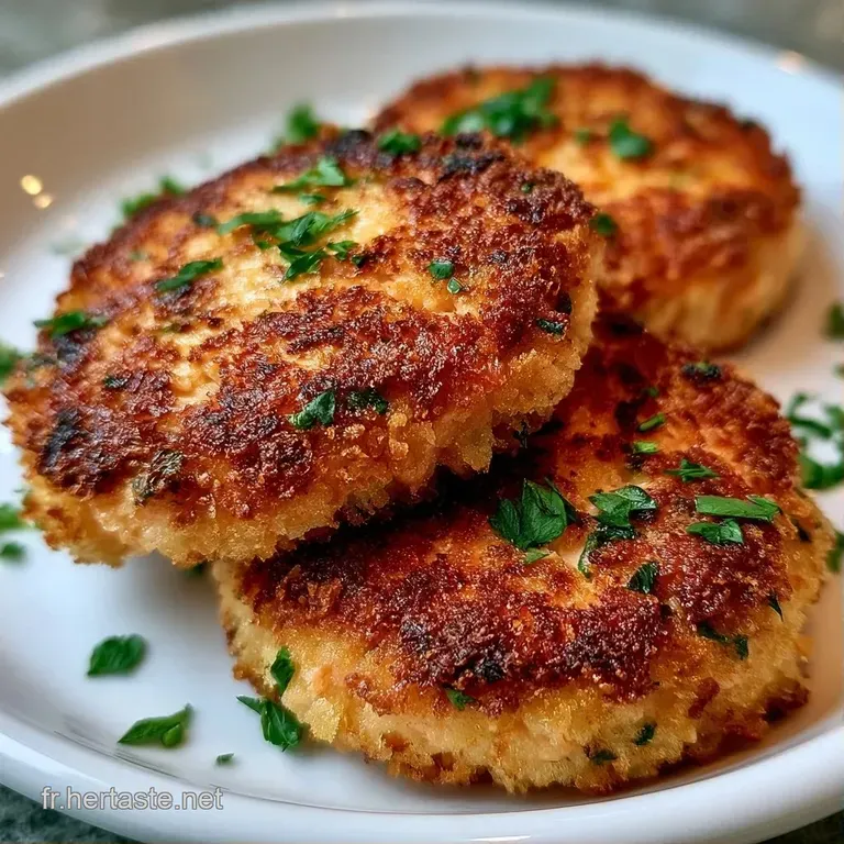 Galettes dor&eacute;es joliment dress&eacute;es sur une assiette blanche, accompagn&eacute;es de pousses vertes et d'une sauce onctueuse.