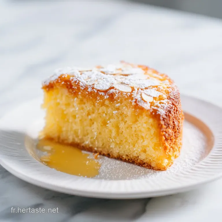A slice of tender almond cake sits on a white plate, accented by fresh raspberries and a sprig of mint. Simple elegance.