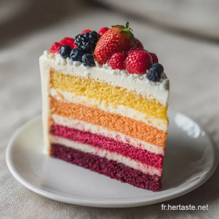A single slice of brightly decorated cake sits elegantly on a white plate, showcasing its soft crumb and multi-colored fro...