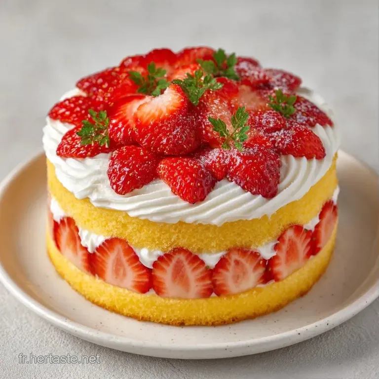 Part triangulaire d&eacute;voilant des couches de biscuit dor&eacute;, de cr&egrave;me onctueuse et de fraises rouges sur assiette blanche.