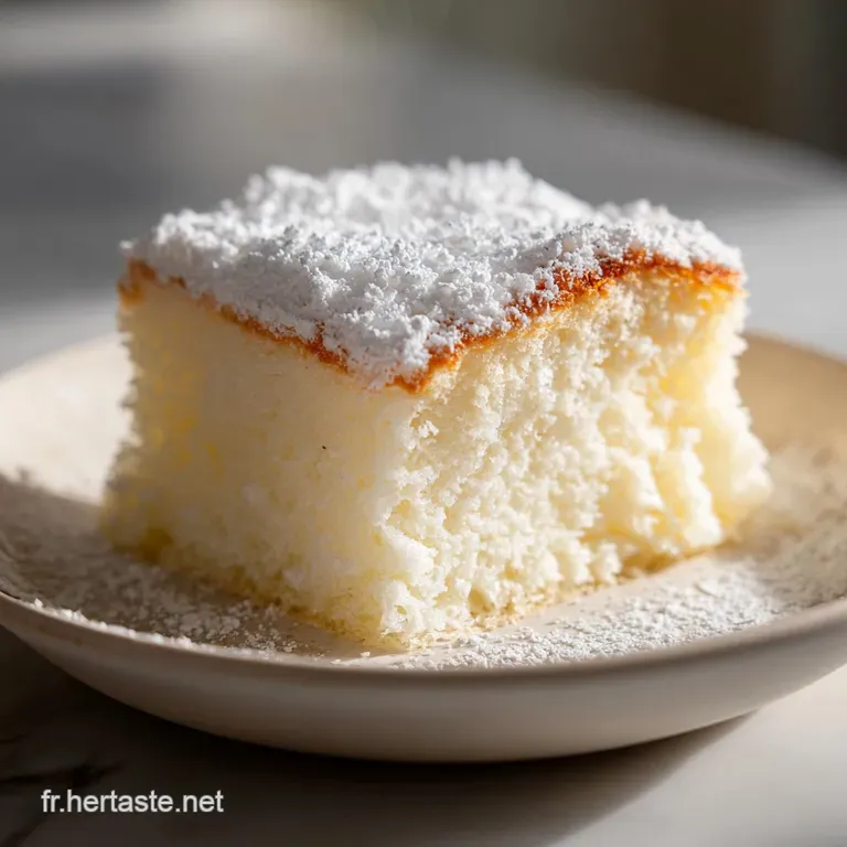 Slice of warm g&acirc;teau on a white plate, dusted with powdered sugar. Crumbs and a single red berry add delicate contrast.