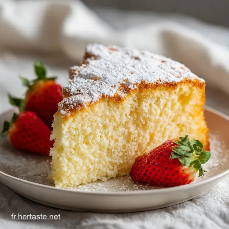 A slice of golden cake with a tender crumb on a white plate, dusted with powdered sugar, invites you to taste its subtle s...