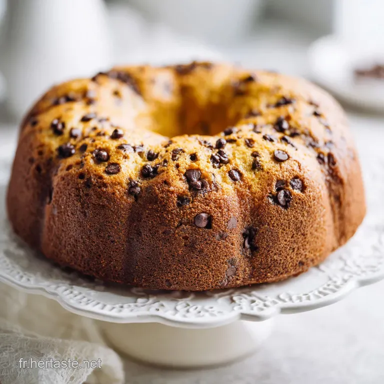 A generous slice of moist chocolate chip cake, showcasing melted chips, rests on a white plate.
