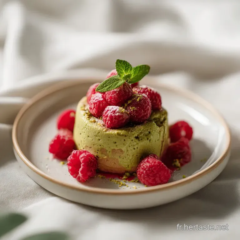 A slice of pistachio raspberry cake adorned with fresh raspberries and a mint sprig.