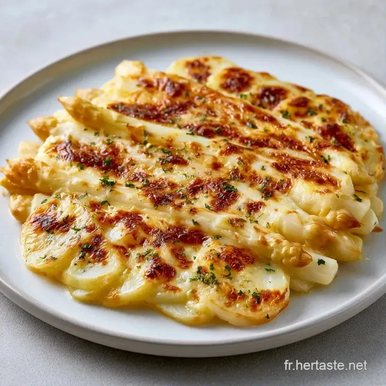 Portion onctueuse d&eacute;pos&eacute;e dans une assiette blanche, surmont&eacute;e d'un fromage dor&eacute; et de pointes d'asperges vertes.