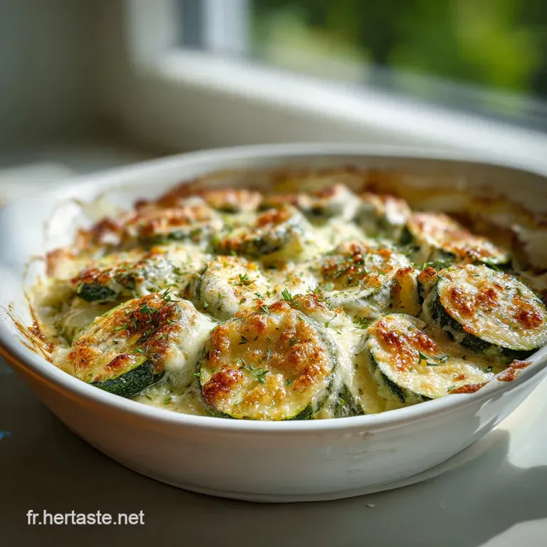A rustic slice of zucchini gratin, rich with melted cheese and herbs, served on a white plate.
