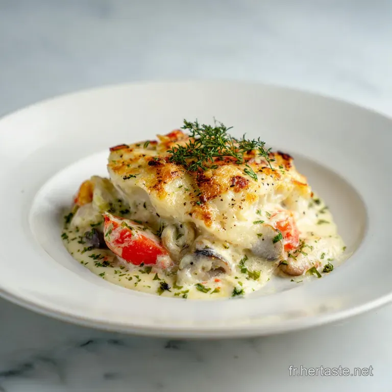 Individual ramekin of rich seafood gratin, topped with crusty breadcrumbs and fresh parsley.