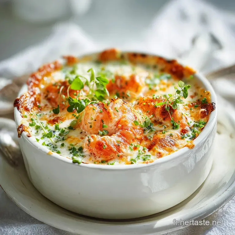 Elegant seafood gratin in a scallop shell. Glistening sauce, toasted breadcrumbs, and a sprig of fresh parsley.