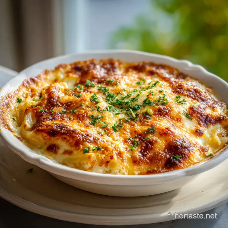 Creamy, golden gratin in a rustic bowl, steaming gently with a sprig of thyme. An elegant, simple winter supper.