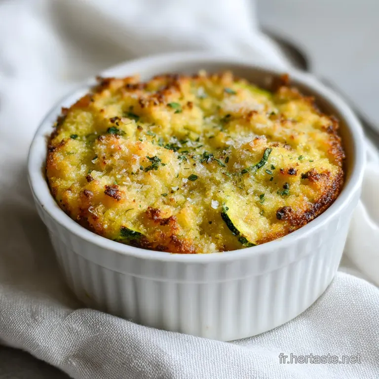 Creamy polenta gratin slice with golden crust, vibrant zucchini coins, & grated parmesan. An inviting, warm single serving.