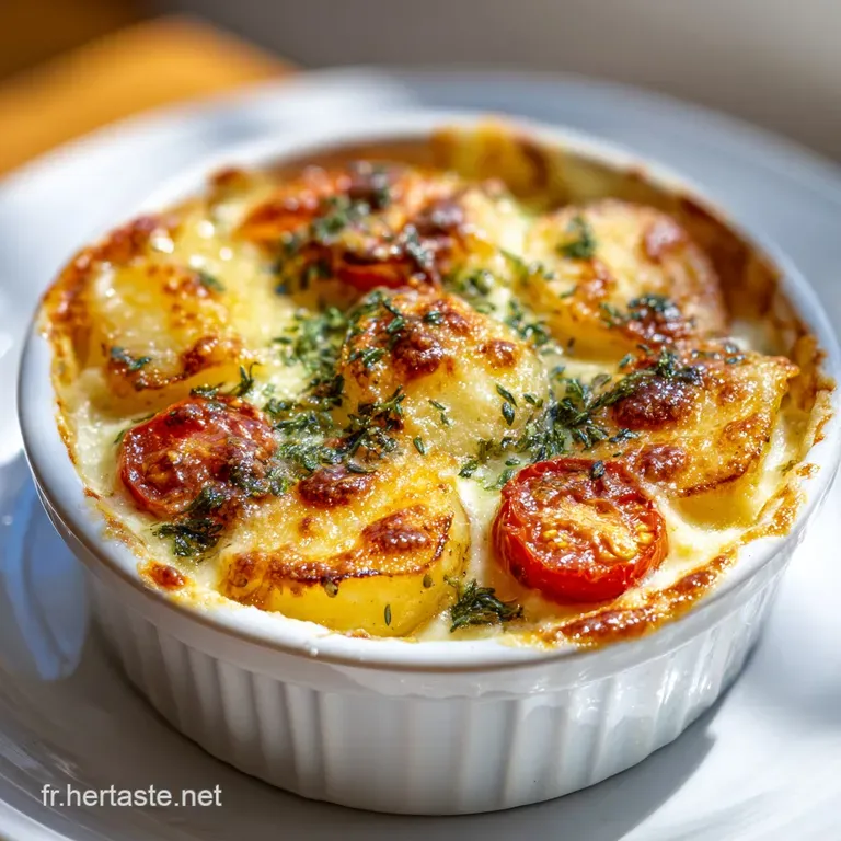 Creamy potato and tomato gratin served on a white plate, garnished with basil leaves, steam rising enticingly.