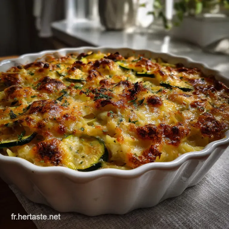 Elegant serving of pasta gratin, showcasing tender zucchini. The dish is topped with a lightly browned cheese crust. Subtl...