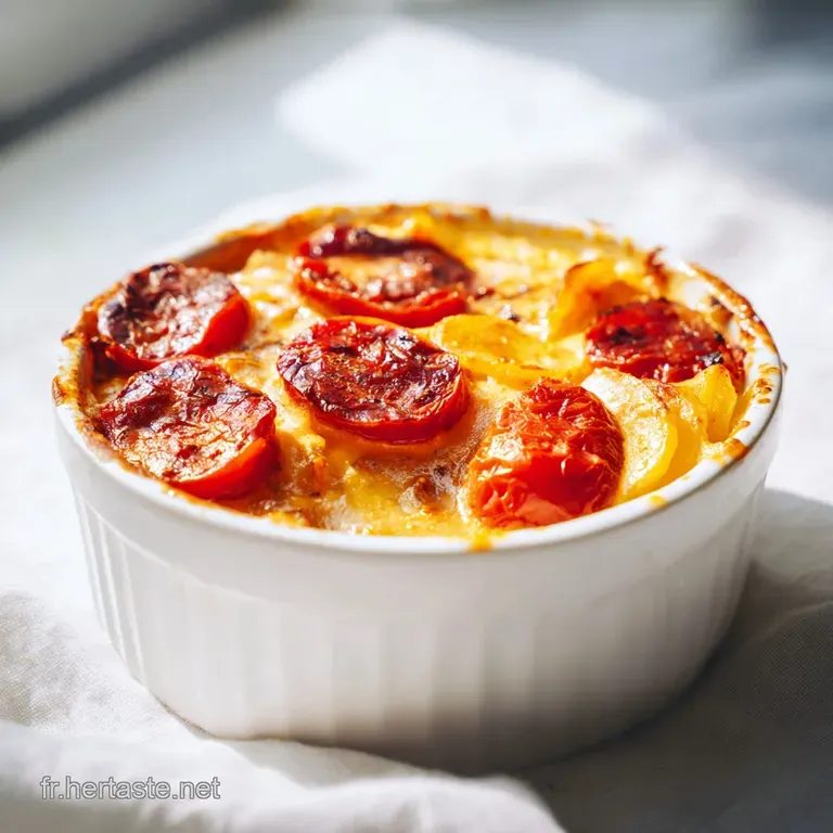 Part de gratin croustillante sur assiette blanche, r&eacute;v&eacute;lant des couches cr&eacute;meuses et des reflets orang&eacute;s et brillants.