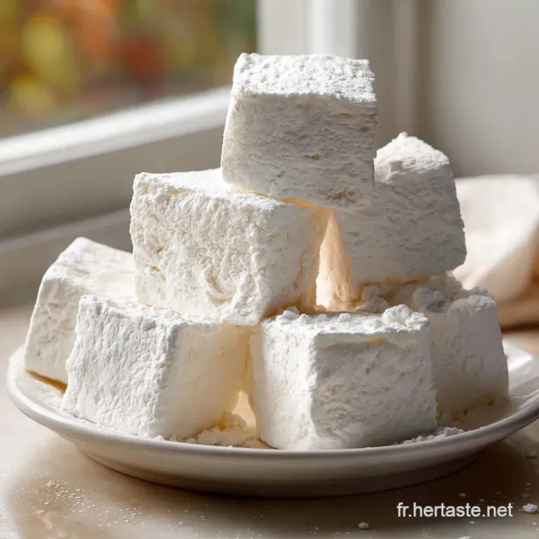 Elegant marshmallow squares plated with fresh berries. A delightful, sugary treat with a soft, delicate texture.