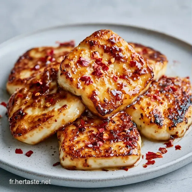 Morceaux de fromage grill&eacute; align&eacute;s avec un filet de miel ambr&eacute; et des graines de s&eacute;same sur un fond minimaliste.