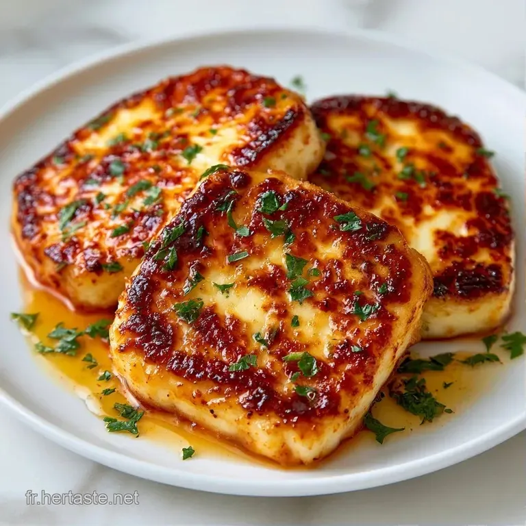 Cubes de fromage grill&eacute;s dispos&eacute;s avec soin sur une assiette blanche, d&eacute;cor&eacute;s de feuilles de menthe et d'un filet dor&eacute;.