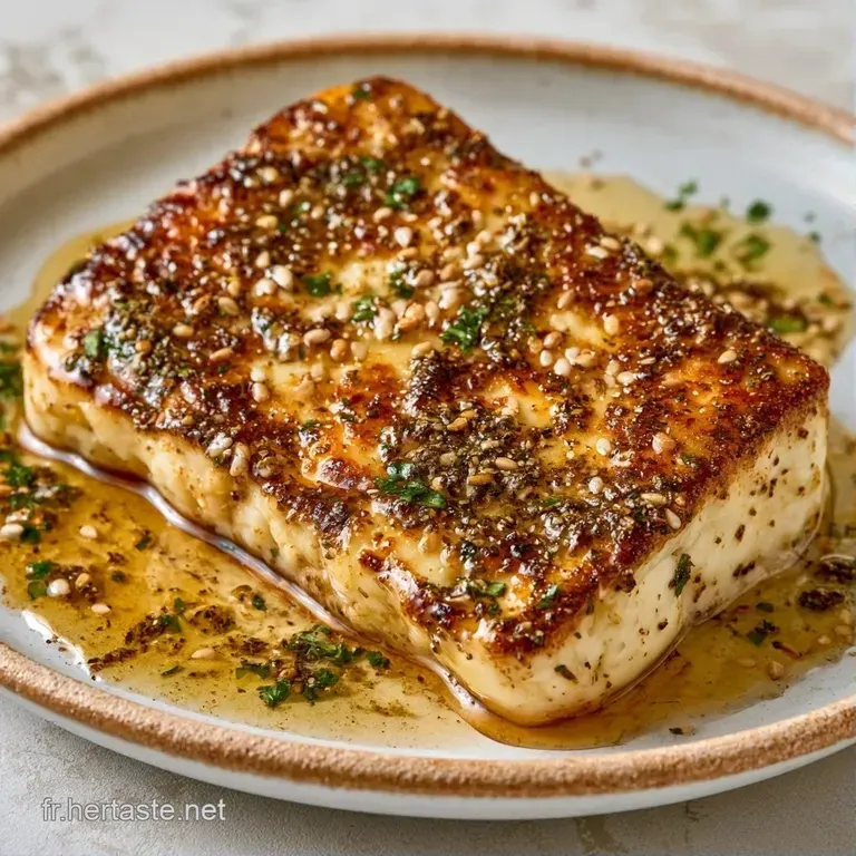 Tranches de fromage grill&eacute;es sur une assiette blanche, d&eacute;cor&eacute;es de graines sombres et d'un filet de sirop dor&eacute;.