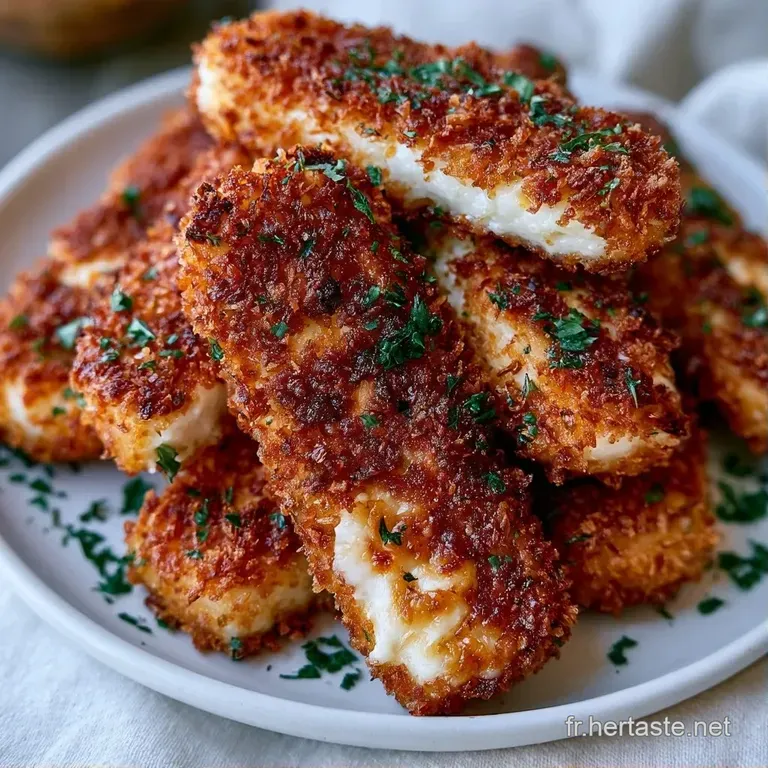 Tranches de fromage croustillantes et ambr&eacute;es dispos&eacute;es avec soin, d&eacute;cor&eacute;es d'une sauce onctueuse et d'herbes.