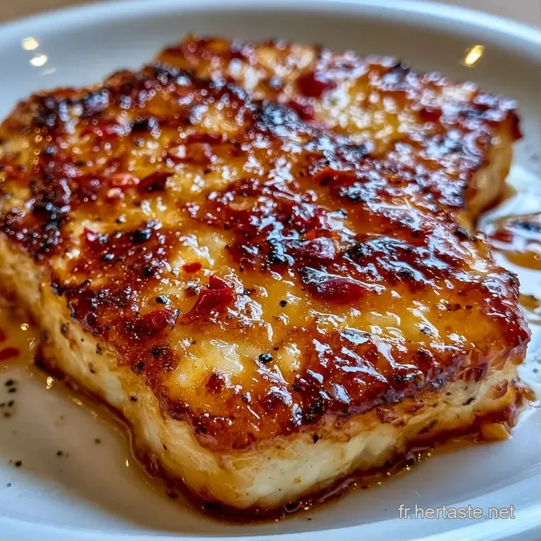 Tranches de fromage grill&eacute;es dispos&eacute;es en &eacute;ventail sur une assiette blanche, filet de sirop ambr&eacute; et herbes cisel&eacute;es.