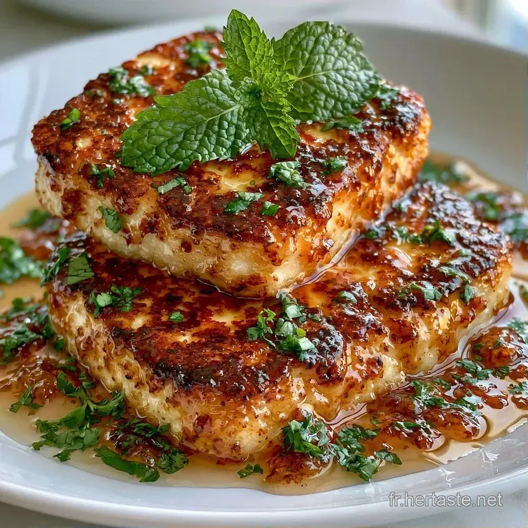 Tranches de fromage au grill&eacute; caram&eacute;lis&eacute;, dispos&eacute;es avec soin et agr&eacute;ment&eacute;es de touches de vert vif et d'huile.