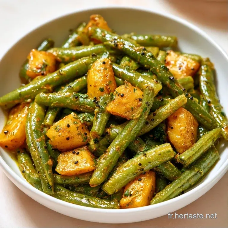Haricots verts luisants dispos&eacute;s avec soin dans une assiette blanche, parsem&eacute;s de coriandre fra&icirc;che et d'&eacute;pices dor&eacute;es.
