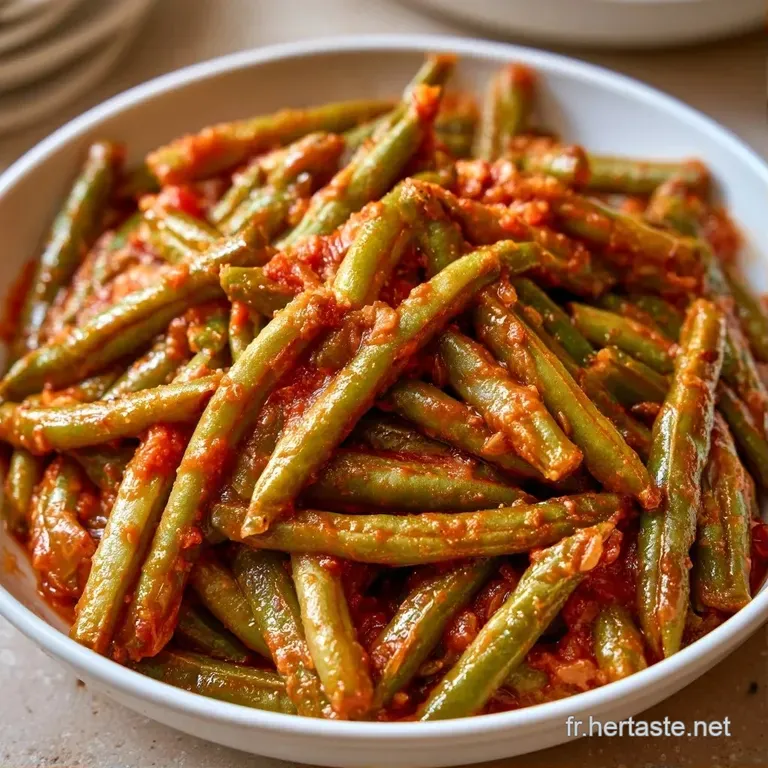 Haricots verts d'un vert vif dispos&eacute;s avec soin, surmont&eacute;s de tomates fondantes et d'un filet d'huile d'olive dor&eacute;e.