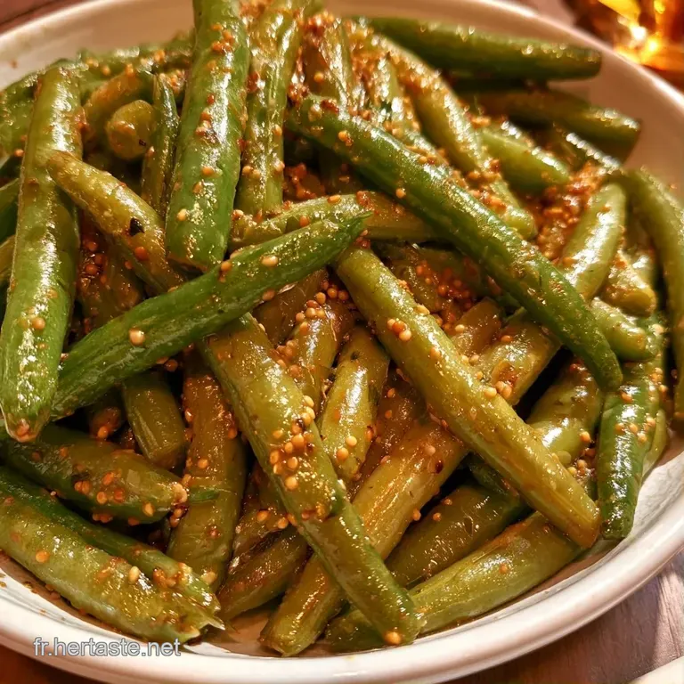 Haricots verts d'un vert &eacute;clatant, napp&eacute;s d'un beurre brillant et de graines jaunes, dispos&eacute;s avec soin en pile.