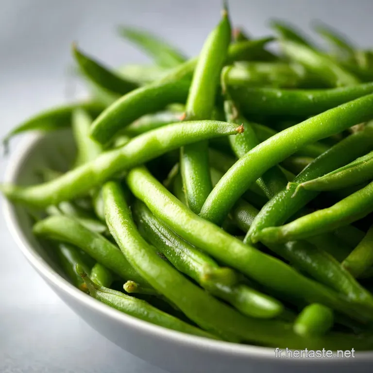 Perfectly arranged pile of slender green beans, shimmering with moisture, artfully plated on a white dish.