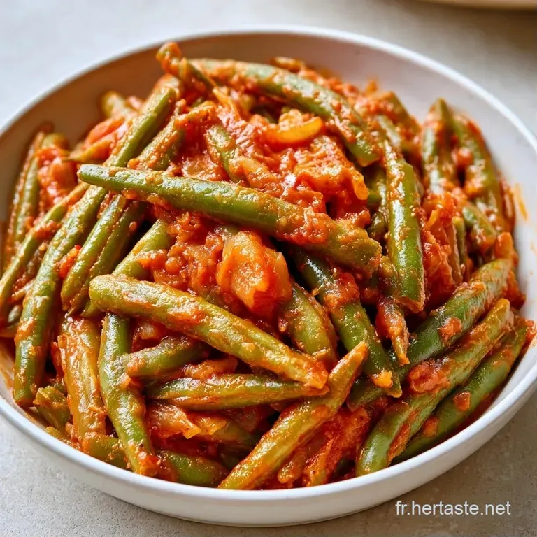 Haricots verts croquants et morceaux de tomates rouges dispos&eacute;s avec soin dans une assiette en c&eacute;ramique blanche.