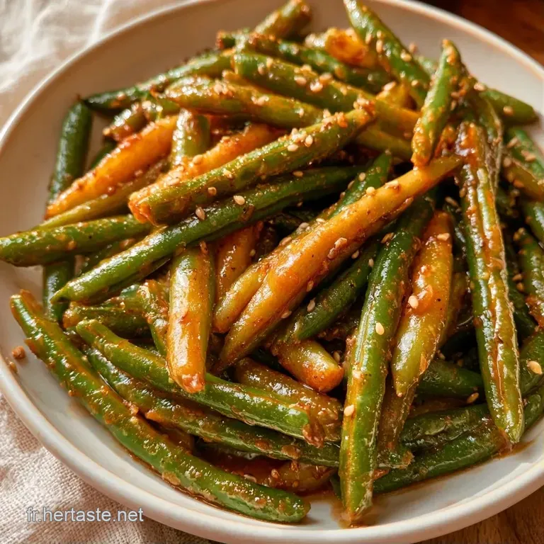 Haricots d'un vert vif dispos&eacute;s avec soin dans un bol blanc, recouverts d'une sauce sirupeuse et luisante et fumante.
