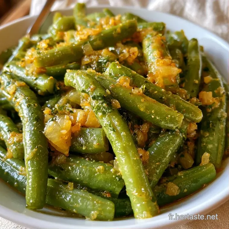 Une portion dress&eacute;e de haricots d'un vert intense, texture croquante et brillante, sur une assiette grise minimaliste.
